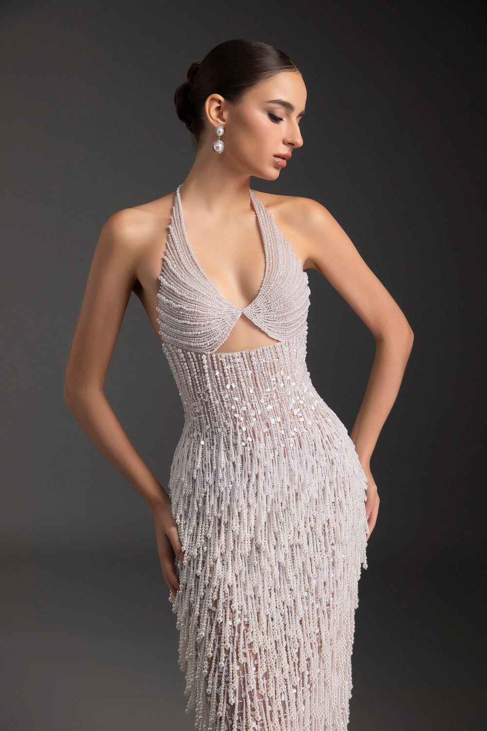 Women's Pearl Halter Neck Bead Maxi Dress Customize White Swan MEAN BLVD Women's Pearl Halter Neck Bead Maxi Dress Customize White Swan MEAN BLVD