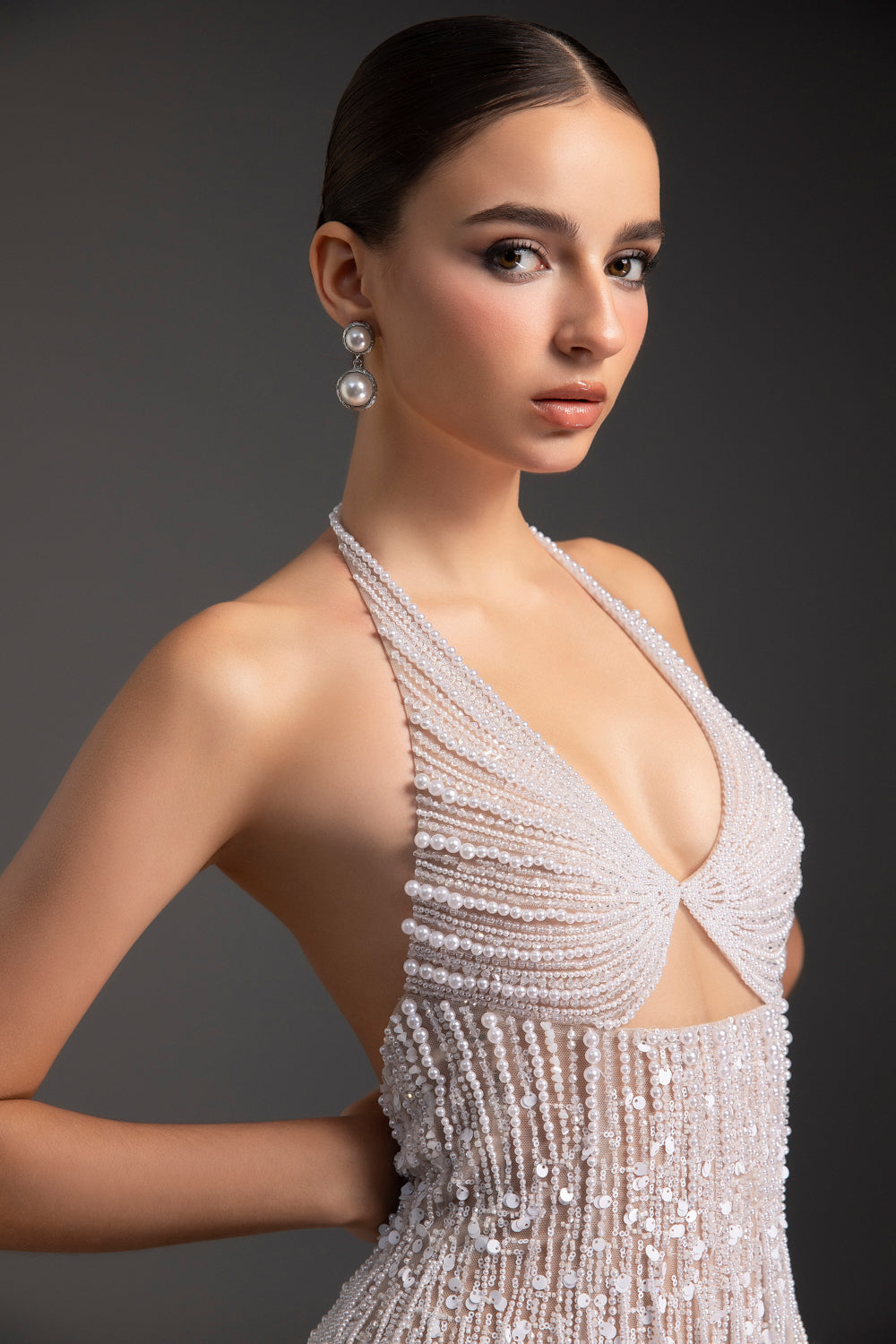 Women's Pearl Halter Neck Bead Maxi Dress Customize White Swan MEAN BLVD