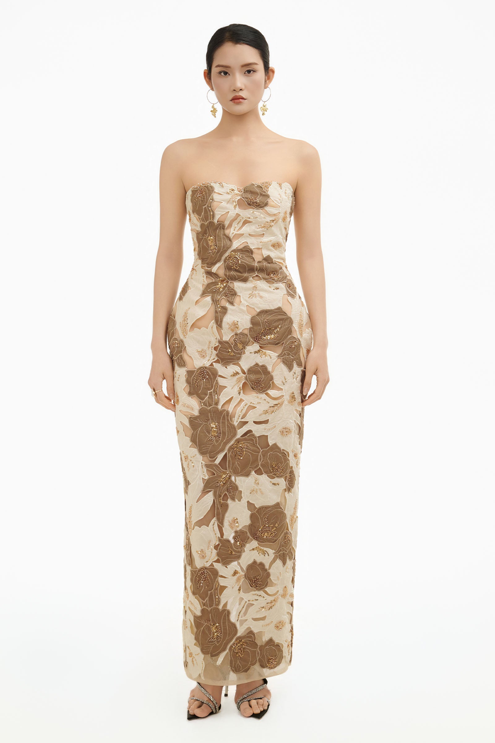 Petalia Sweetheart Maxi Dress Beige & Mocha Brown / XS