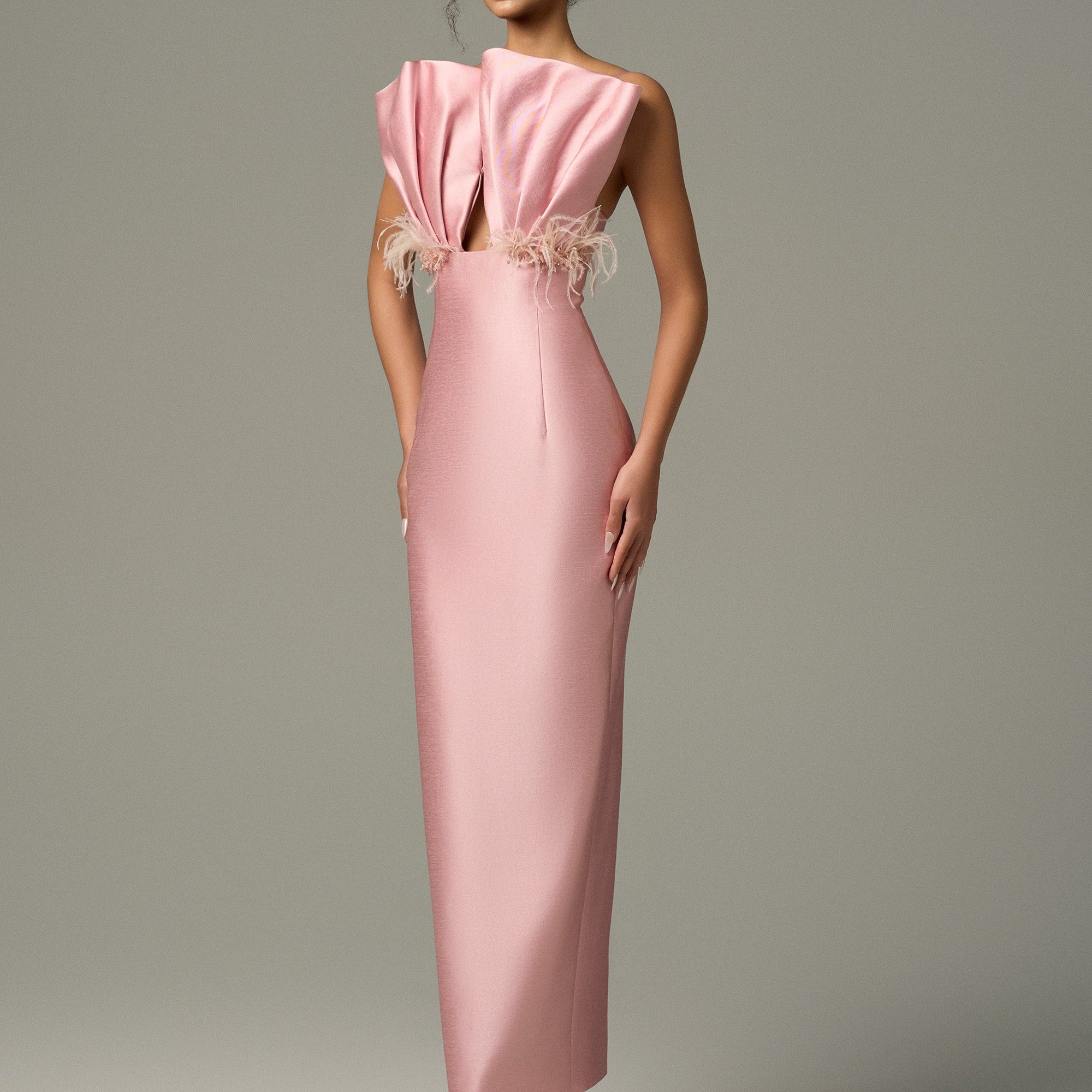 Seeshell Plume Feather & Crystal Embellished Maxi Dress With Draped Bust Cup