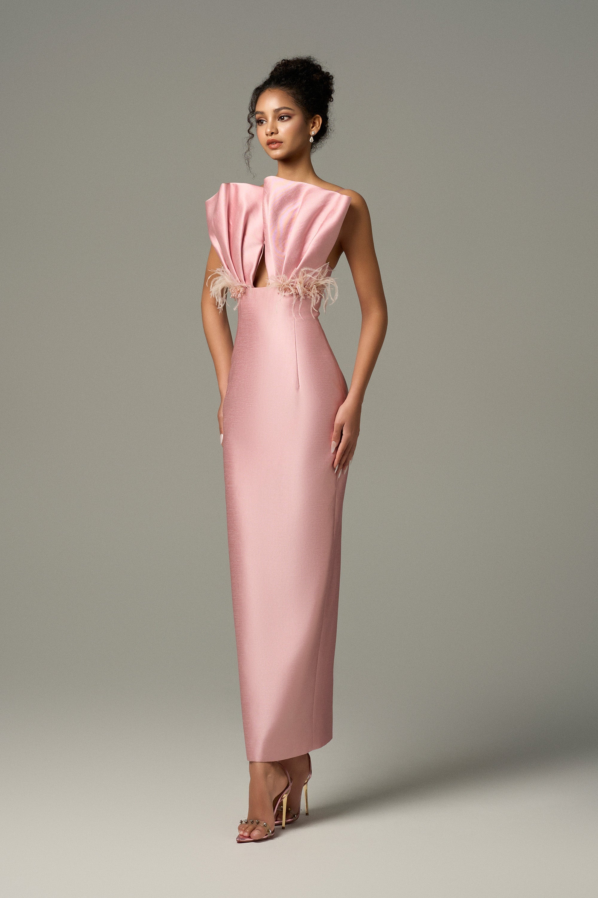 Seeshell Plume Feather & Crystal Embellished Maxi Dress With Draped Bust Cup