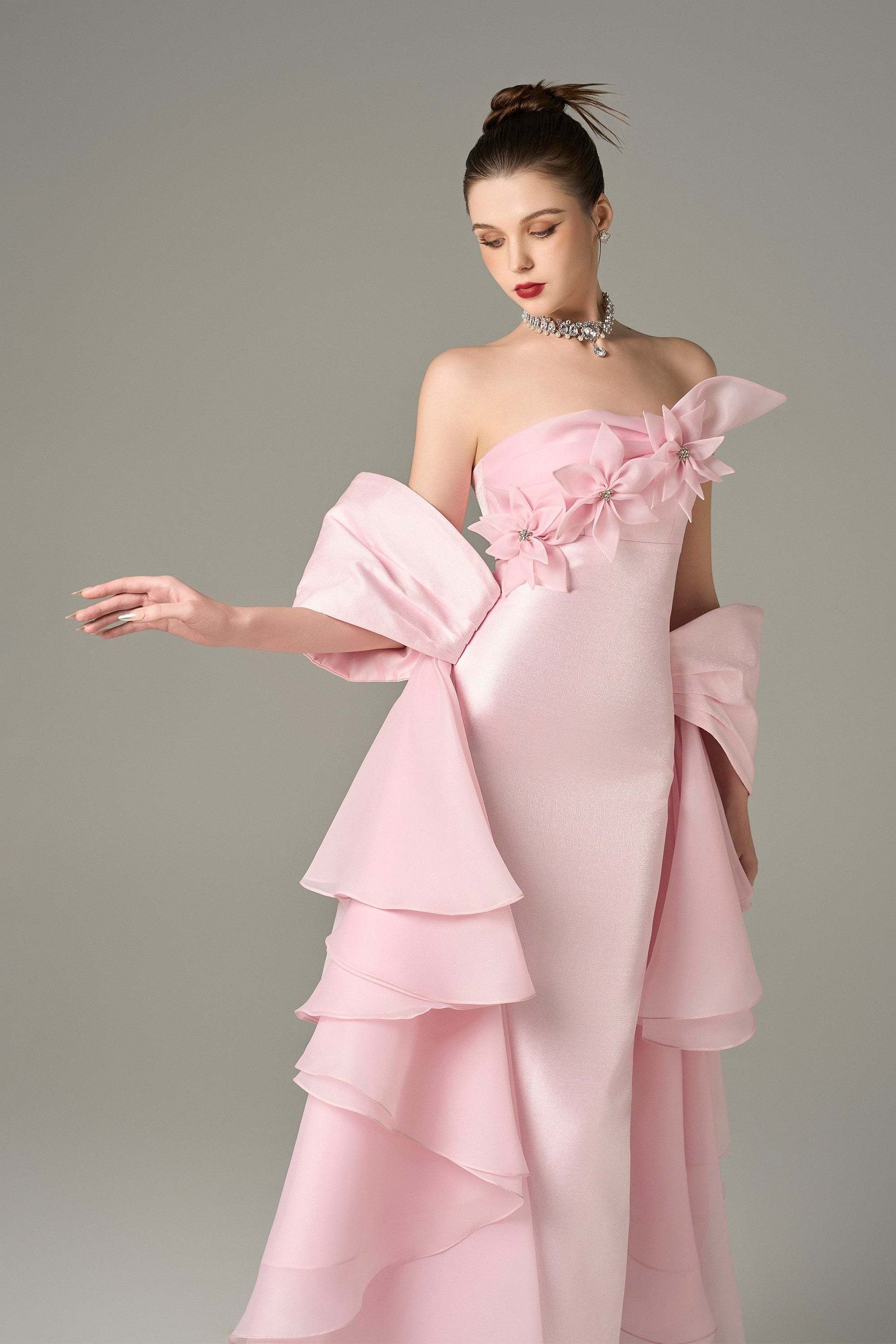 Ornate Pleated Gown with Handcrafted Flowers 3