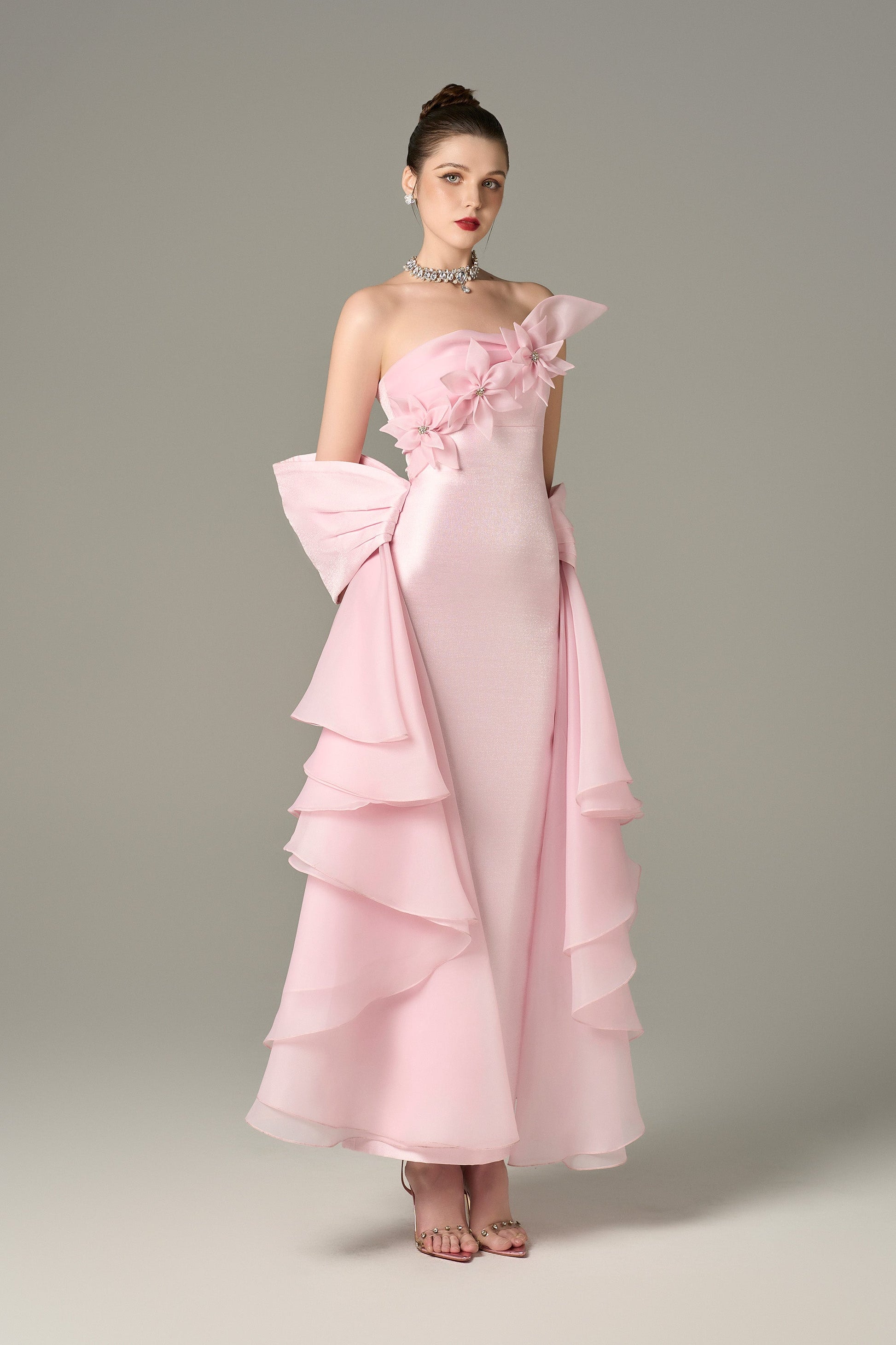 Ornate Pleated Gown with Handcrafted Flowers 4