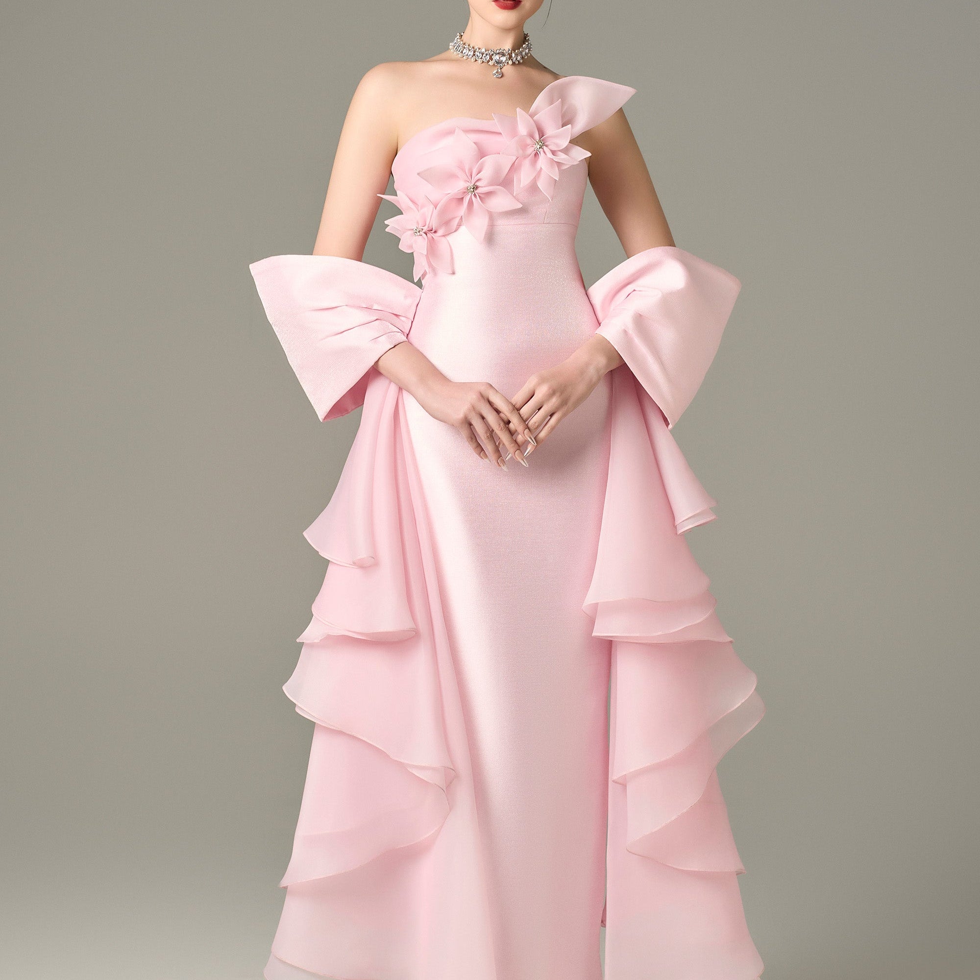 Ornate Pleated Gown with Handcrafted Flowers