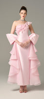 Ornate Pleated Gown with Handcrafted Flowers