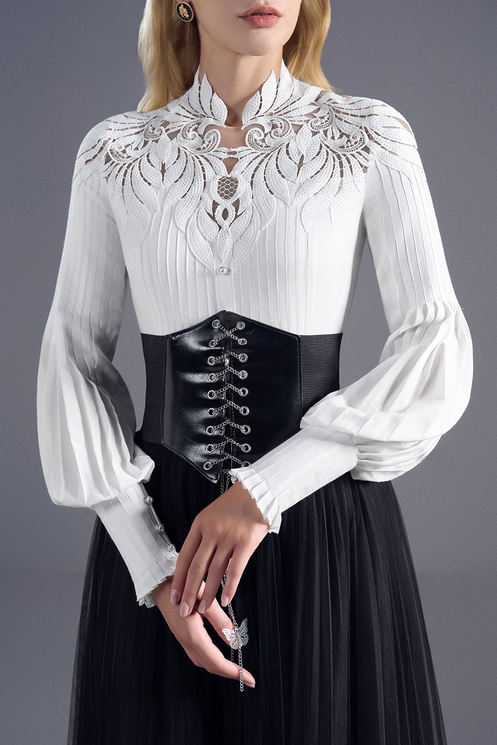 Women's Poise Bishop Sleeve Shirt White & Nude/Black S/M/L