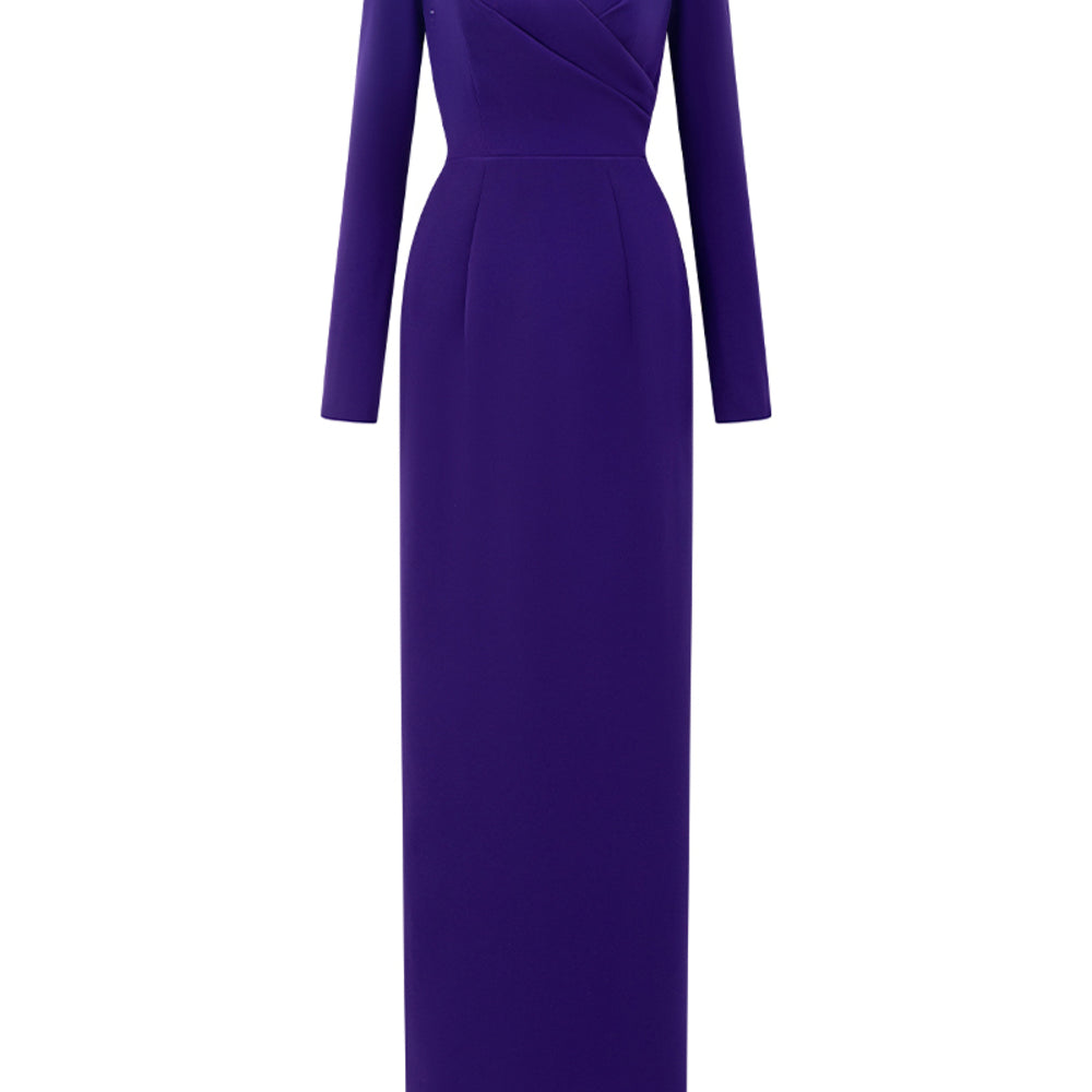 Katherine Sheath Queen Anne Neck Crepe Floor Length Dress