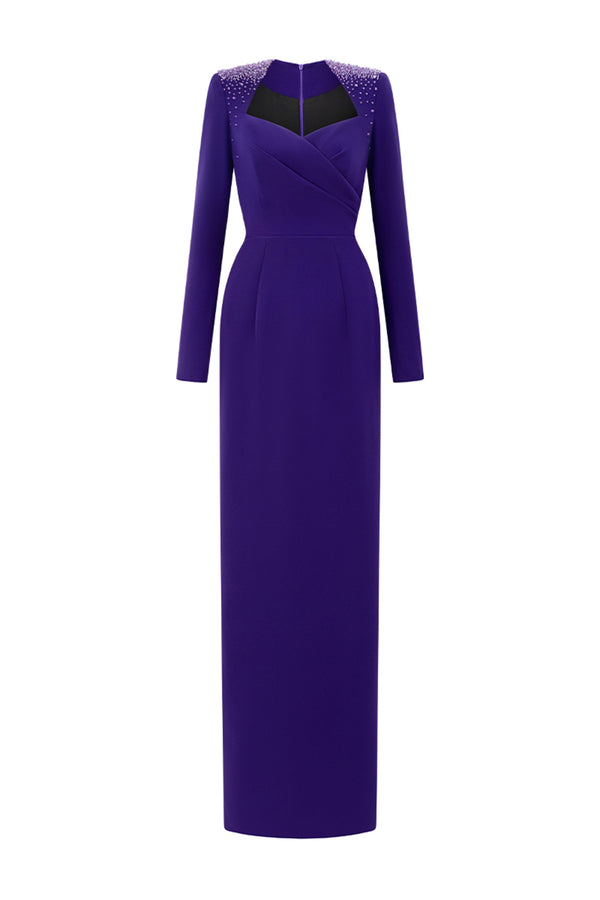 Katherine Sheath Queen Anne Neck Crepe Floor Length Dress