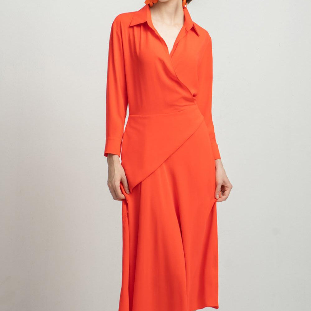 Sloane Asymmetric Side Pleated Silk Midi Dress