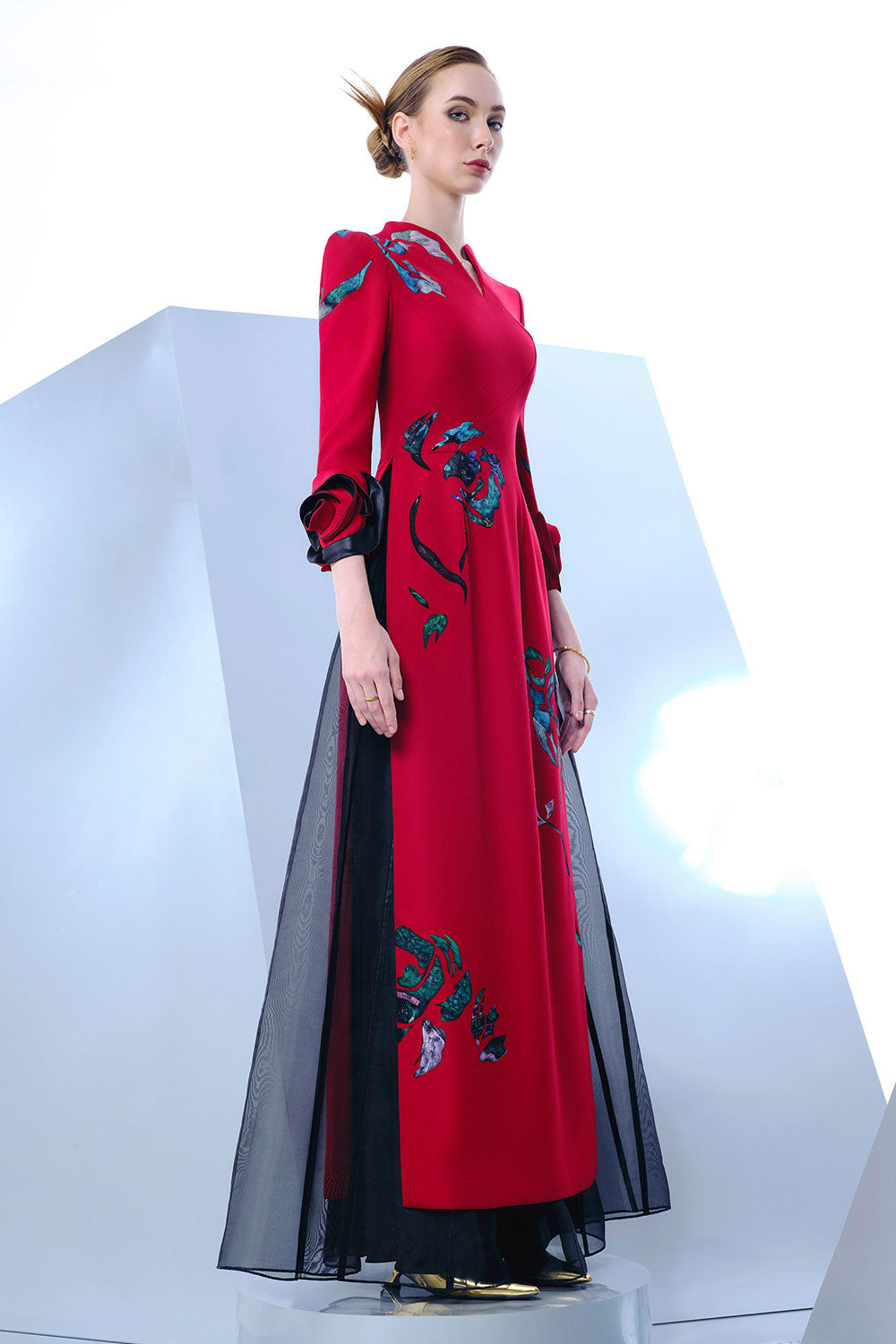 skylar long sleeve maxi dress Women's Skylar Rose A-line Side Slit Twill Ankle Length Ao Dai XS/S/M Deep  Red MEAN BLVD