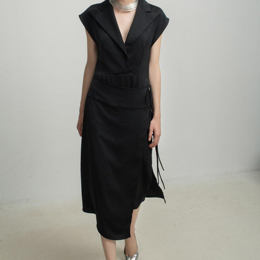Averi Wrap Notch Lapel Polyester Midi Dress