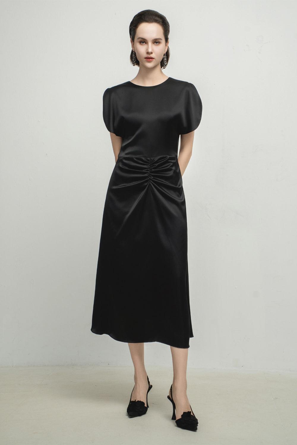 silk midi dress with split Women's Angelique A-line Split Sleeved Silk Midi Dress S/M/L/Customize Black/Blue Grey MEAN BLVD Black / L