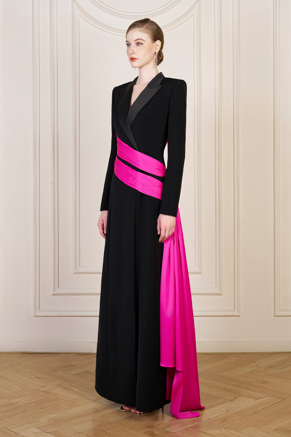 Women's Aubrey Wrap Ribbon Silk Crepe Floor Length Dress XS/S/M/L/XL/XXL/Customize Fuchsia/Black MEAN BLVD Fuchsia/Black / L Women's Aubrey Wrap Ribbon Silk Crepe Floor Length Dress XS/S/M/L/XL/XXL/Customize Fuchsia/Black MEAN BLVD Fuchsia/Black / L