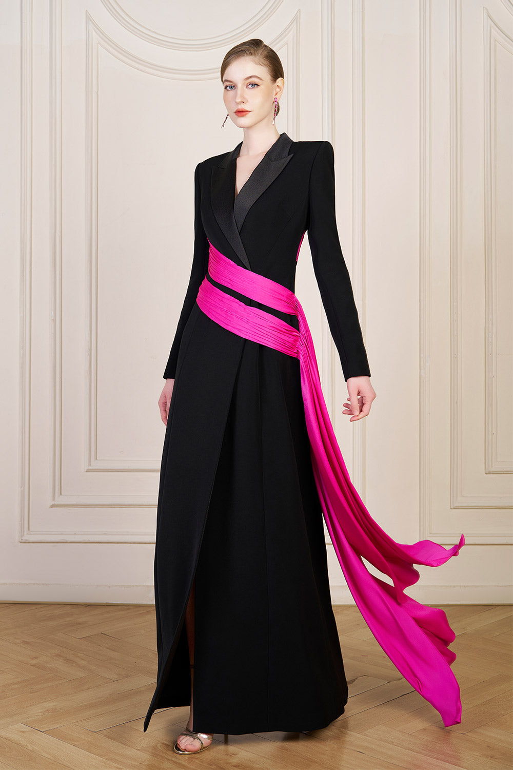 aubrey silk dress Women's Aubrey Wrap Ribbon Silk Crepe Floor Length Dress XS/S/M/L/XL/XXL/Customize Fuchsia/Black MEAN BLVD Fuchsia/Black / L