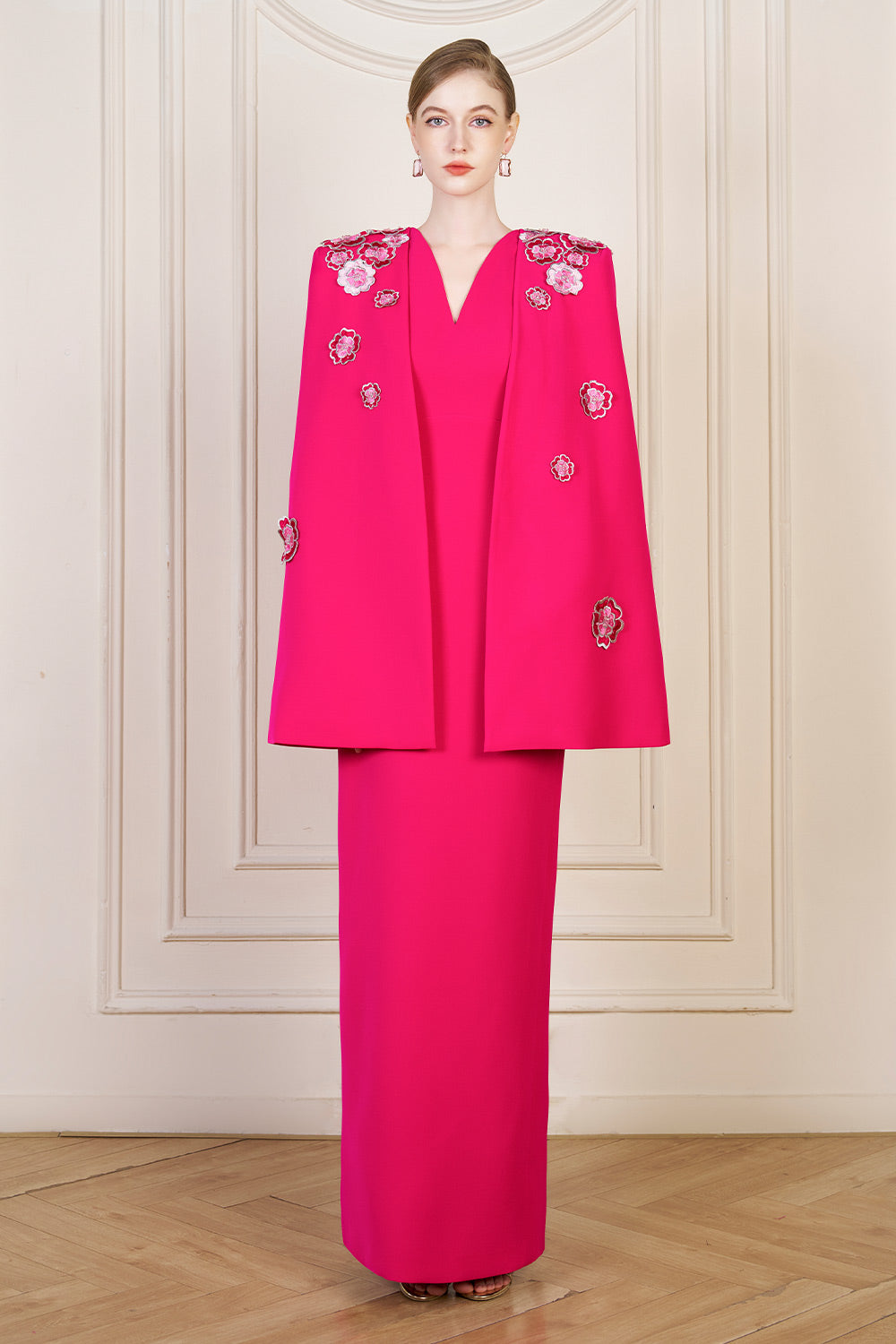 Anne Sheath Cape Sleeved Crepe Floor Length Dress