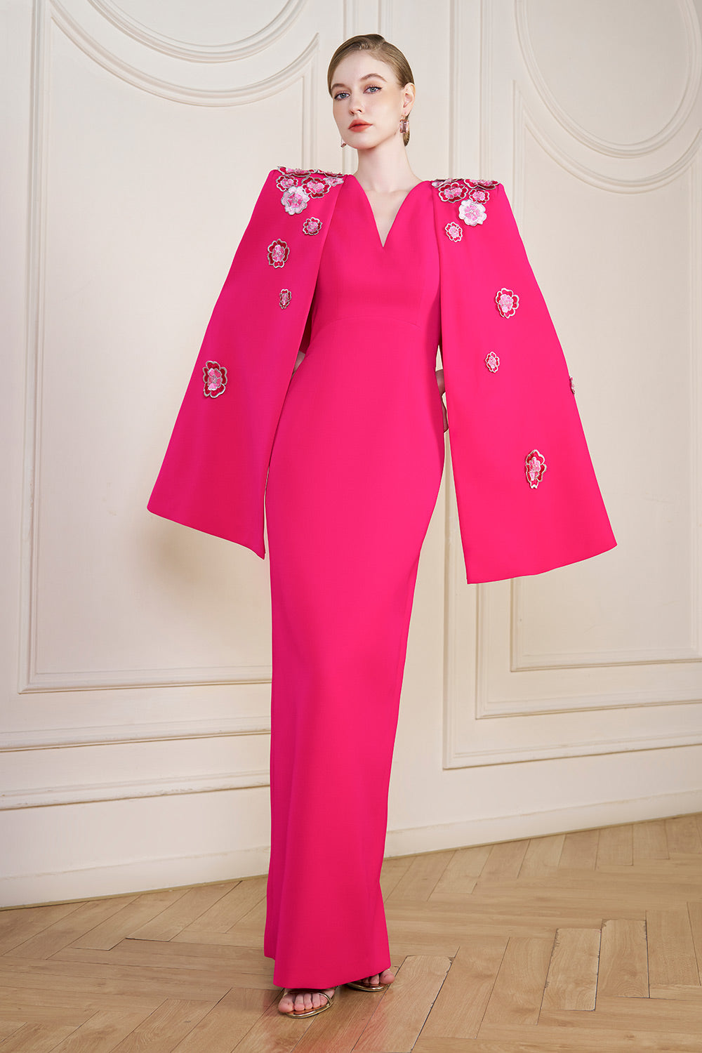 Anne Sheath Cape Sleeved Crepe Floor Length Dress