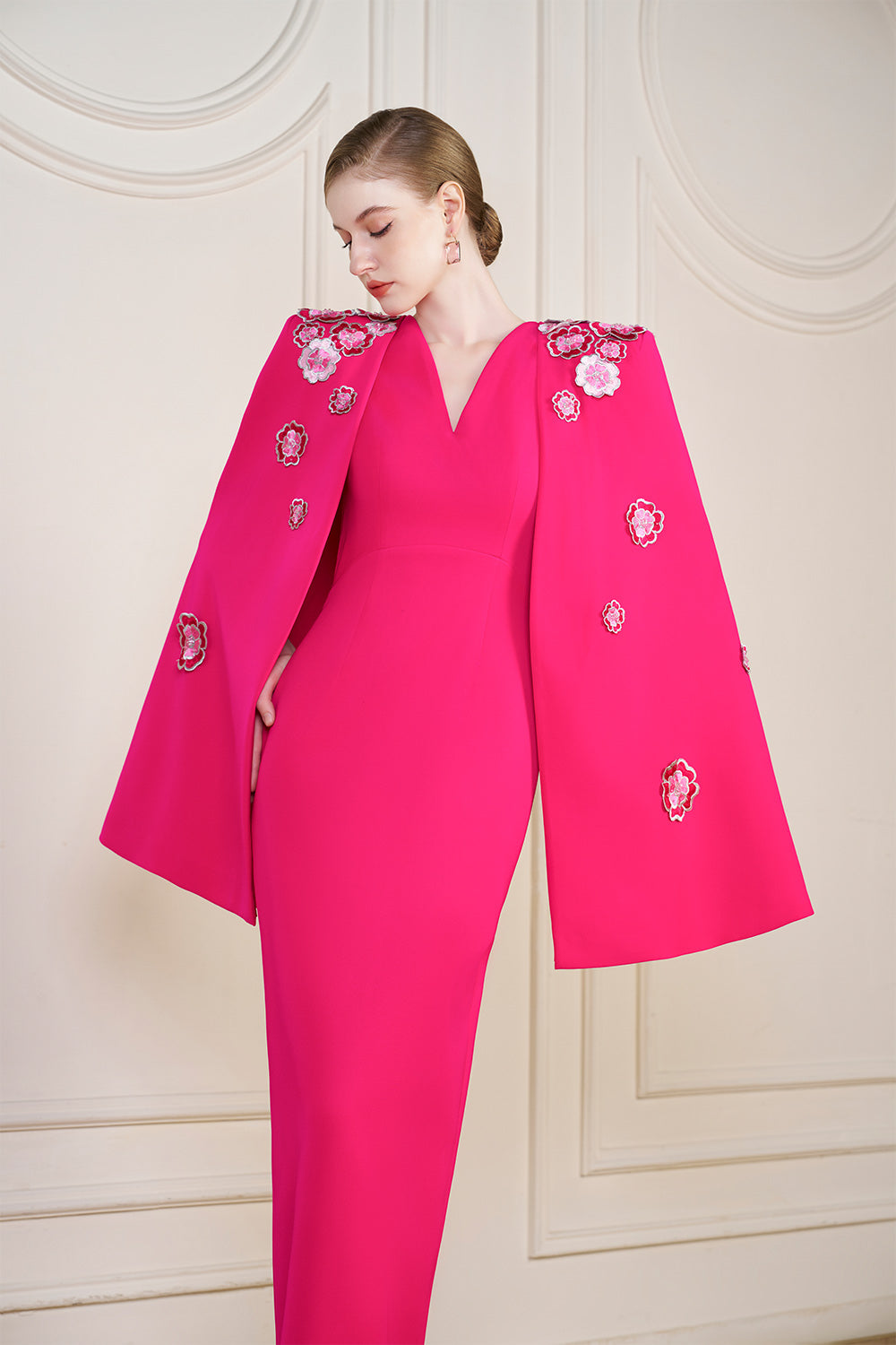 Anne Sheath Cape Sleeved Crepe Floor Length Dress
