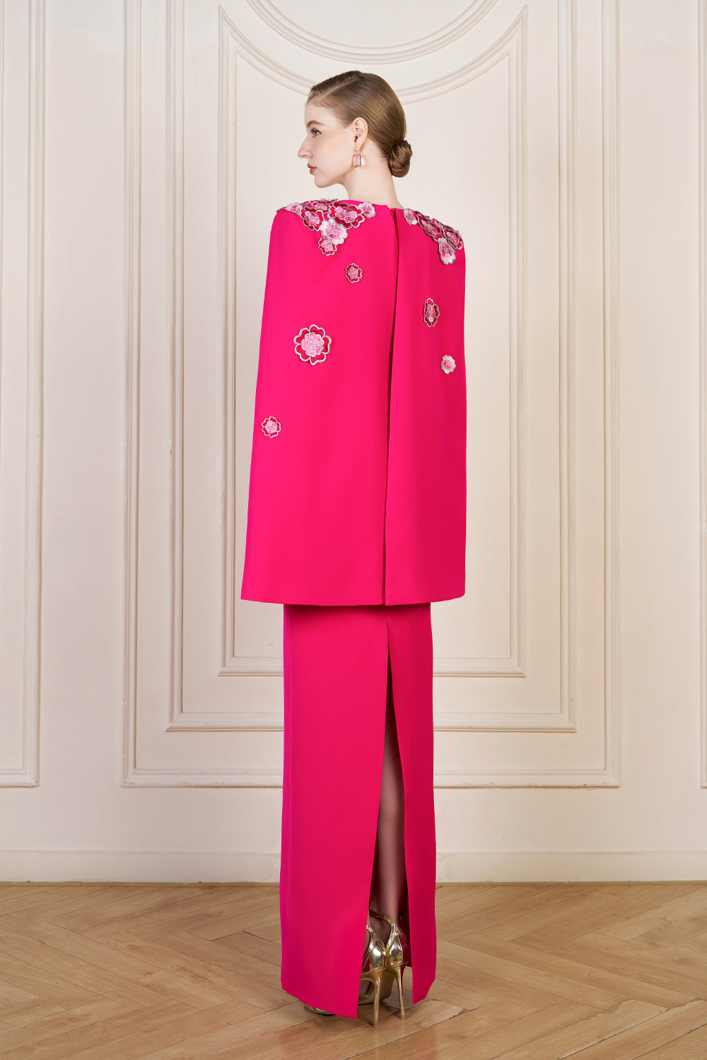 Anne Sheath Cape Sleeved Crepe Floor Length Dress