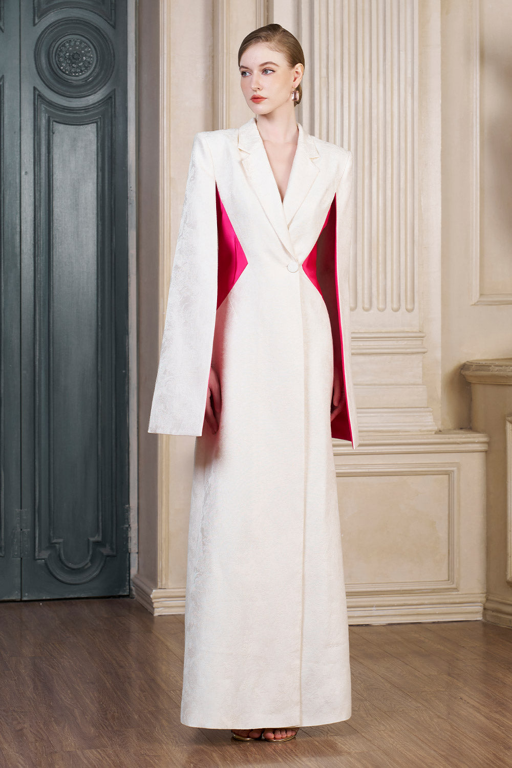 Abigail A-line Cape Sleeved Brocade Silk Floor Length Dress