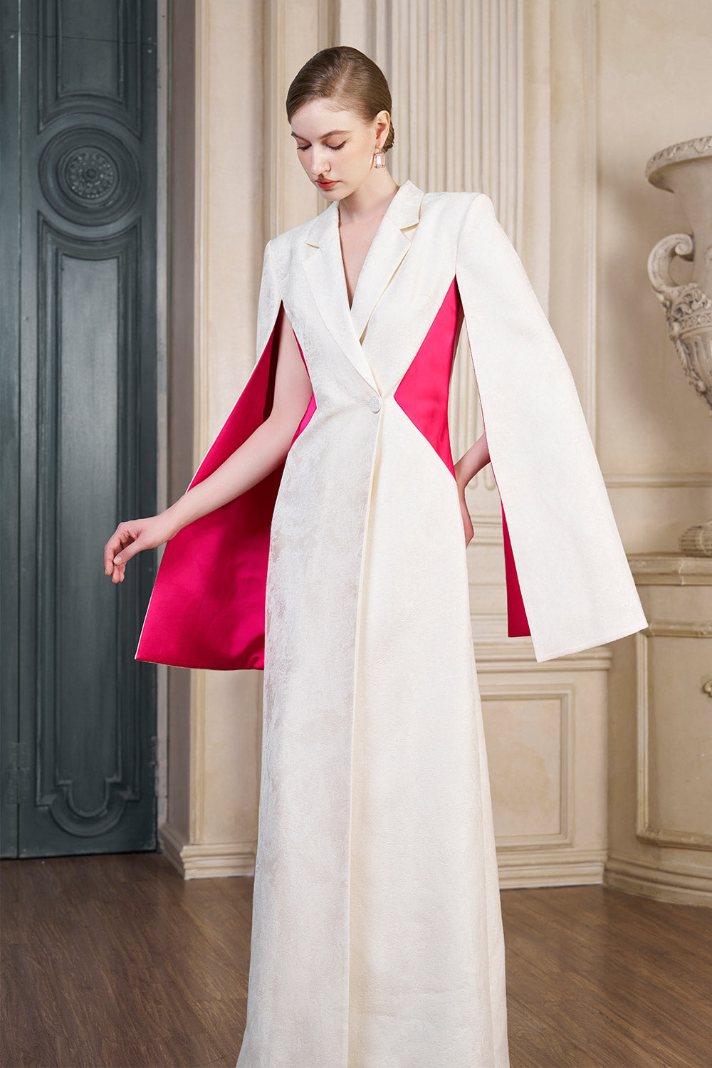 Abigail A-line Cape Sleeved Brocade Silk Floor Length Dress