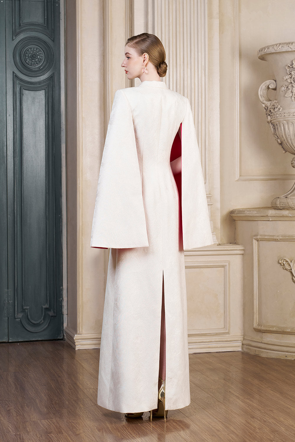 Abigail A-line Cape Sleeved Brocade Silk Floor Length Dress