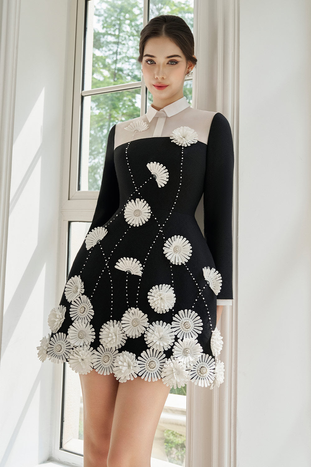 Mallory A-line Flower Applique Twill Mini Dress