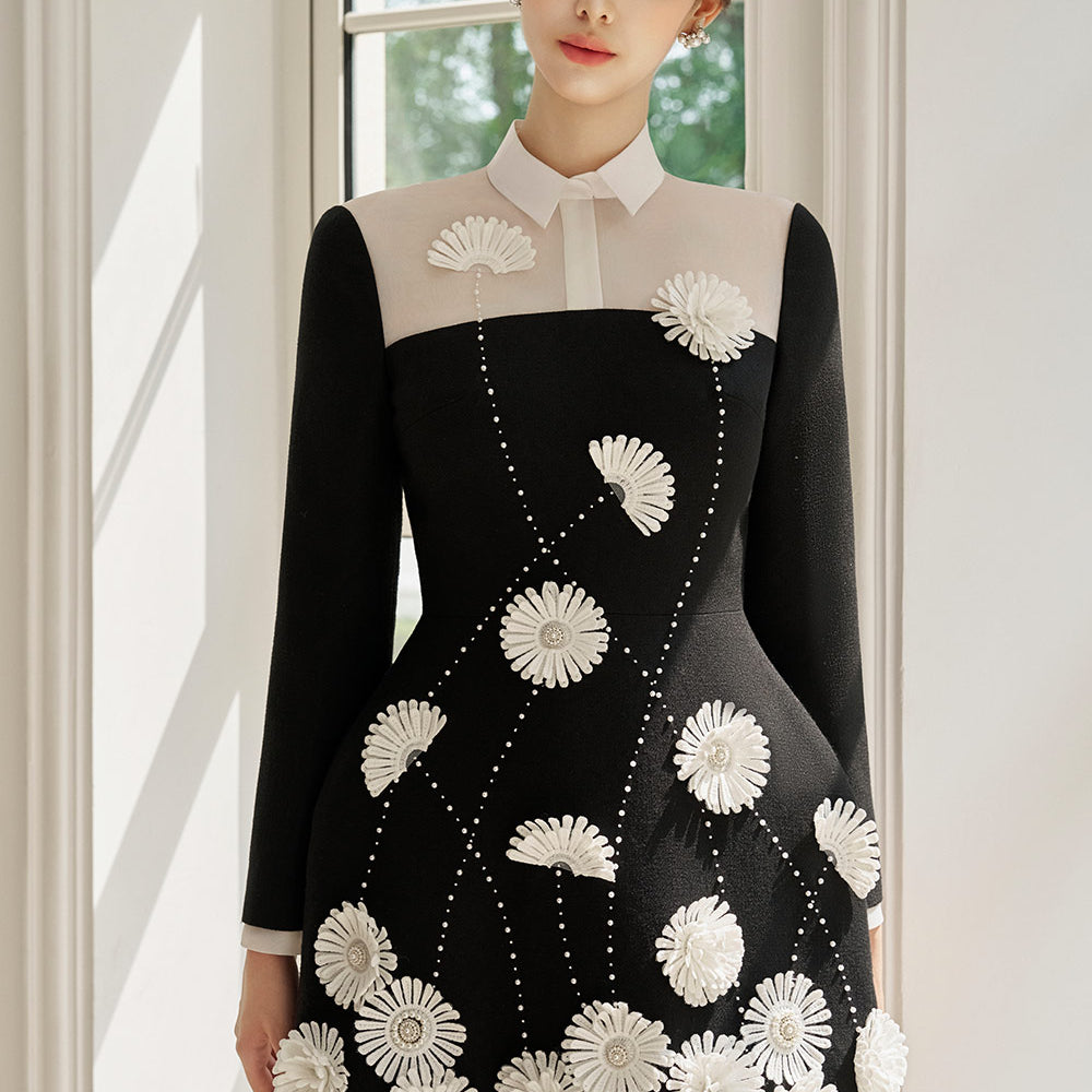 Mallory A-line Flower Applique Twill Mini Dress