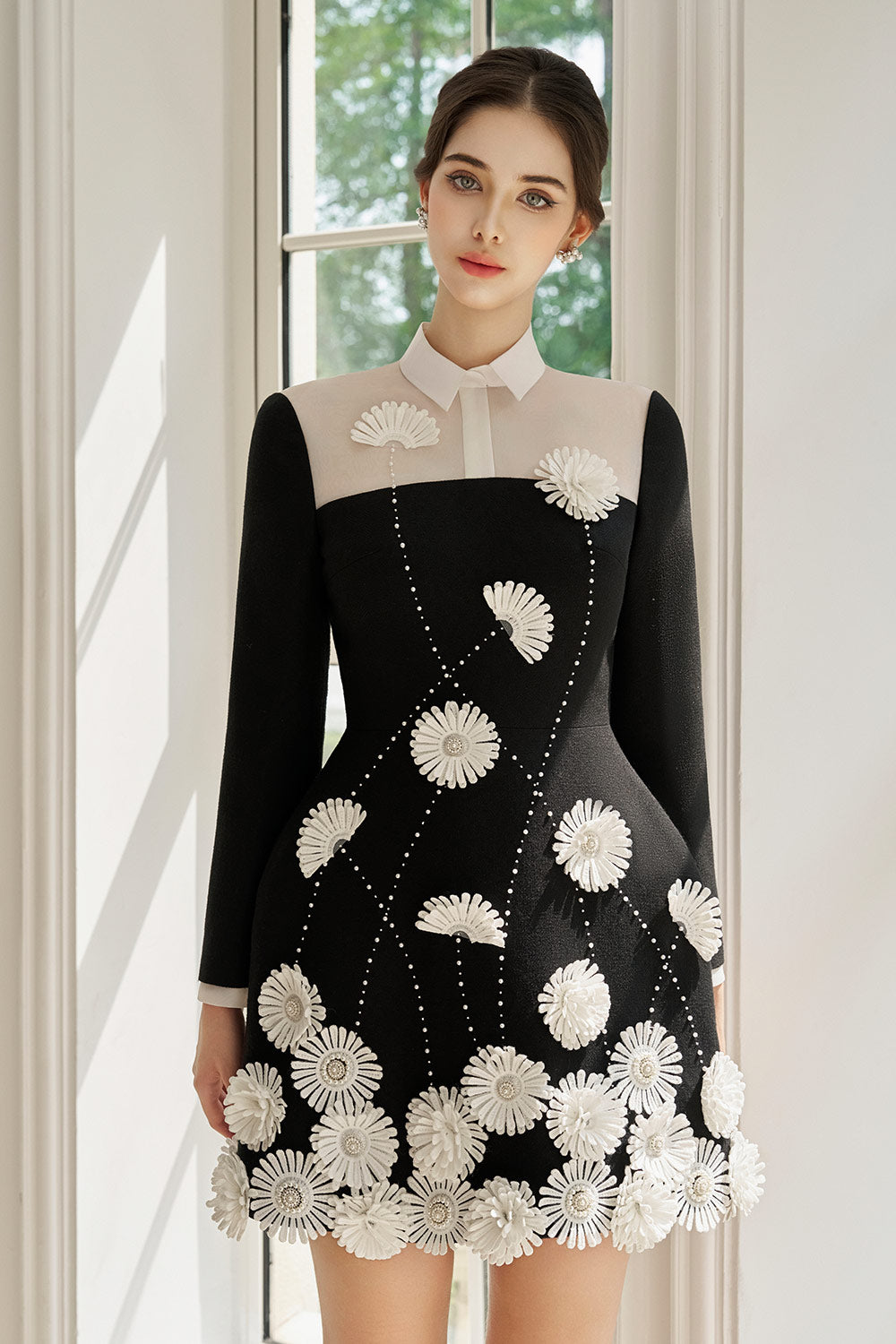 Mallory A-line Flower Applique Twill Mini Dress