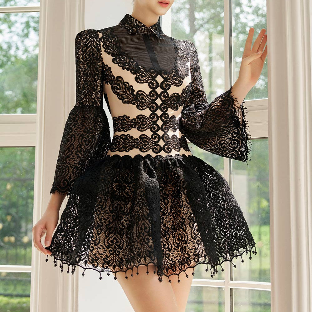 knee length dresses for ladies Embellished Long Flare Sleeve Mesh A Line Short Dress Embellished Mesh –  The Dress Outlet main image 1