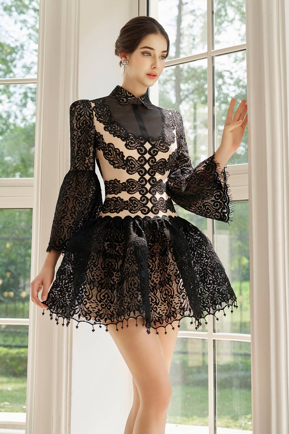 Women's Emberly Fit and Flare Flute Sleeved Mesh Lace Mini Dress S/M/L/Customize Black Mixed Lace MEAN BLVD Customize / Black / Mixed Lace Women's Emberly Fit and Flare Flute Sleeved Mesh Lace Mini Dress S/M/L/Customize Black Mixed Lace MEAN BLVD Customize / Black / Mixed Lace