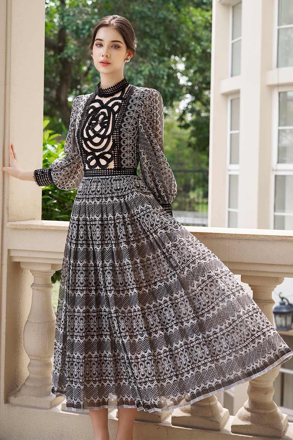 Women's Gabriela Pleated Puffy Sleeved Lace Midi Dress S/M/L/Customize Black MEAN BLVD Black / Customize Women's Gabriela Pleated Puffy Sleeved Lace Midi Dress S/M/L/Customize Black MEAN BLVD Black / Customize