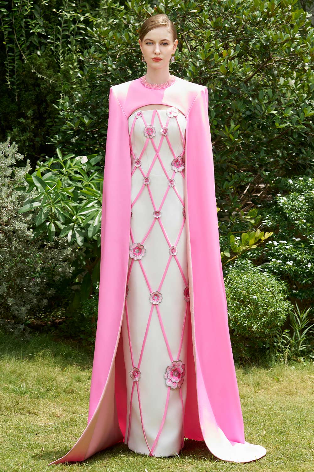 Rylie Sheath Cape Shoulder Silk Crepe Floor Length Set