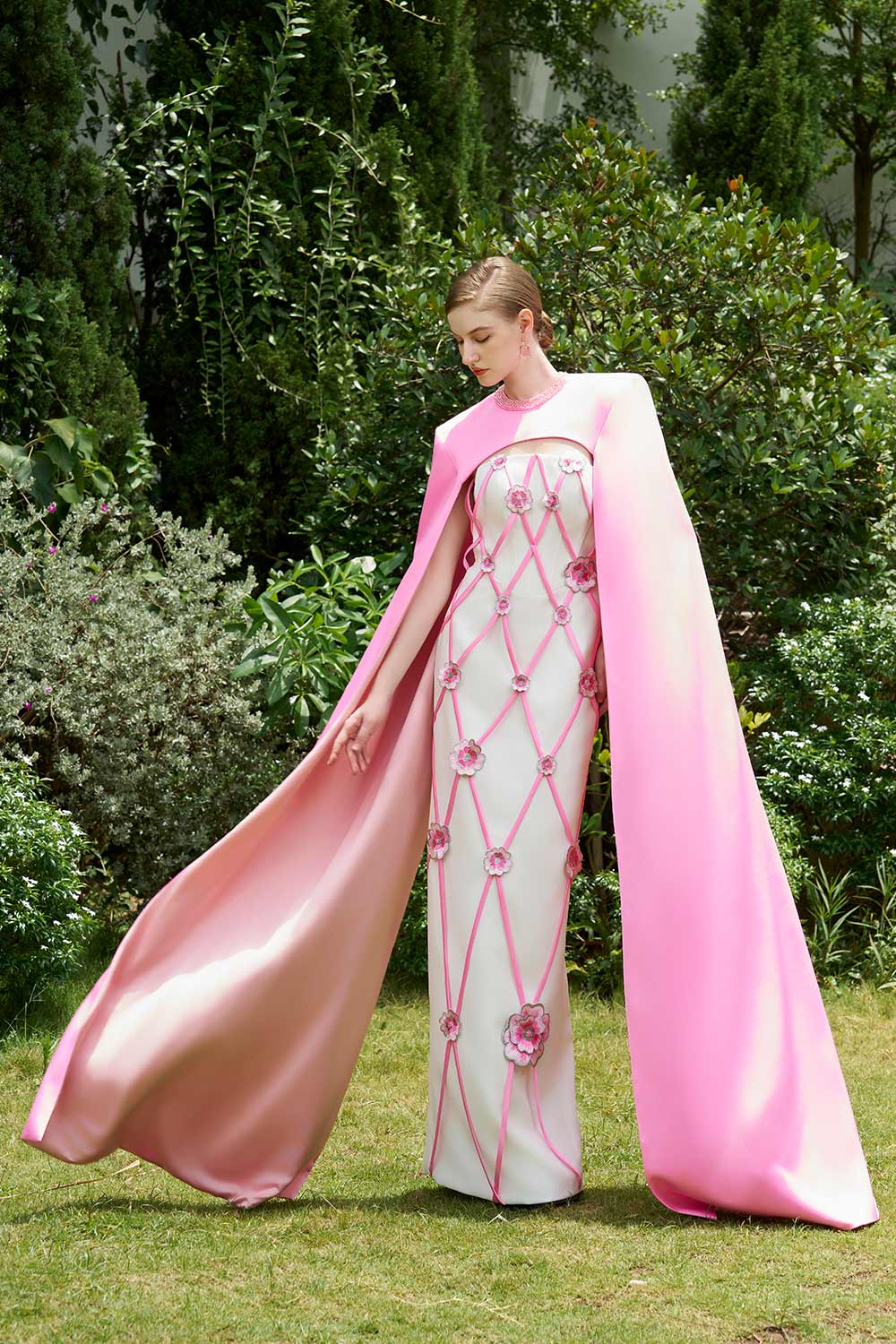 Rylie Sheath Cape Shoulder Silk Crepe Floor Length Set