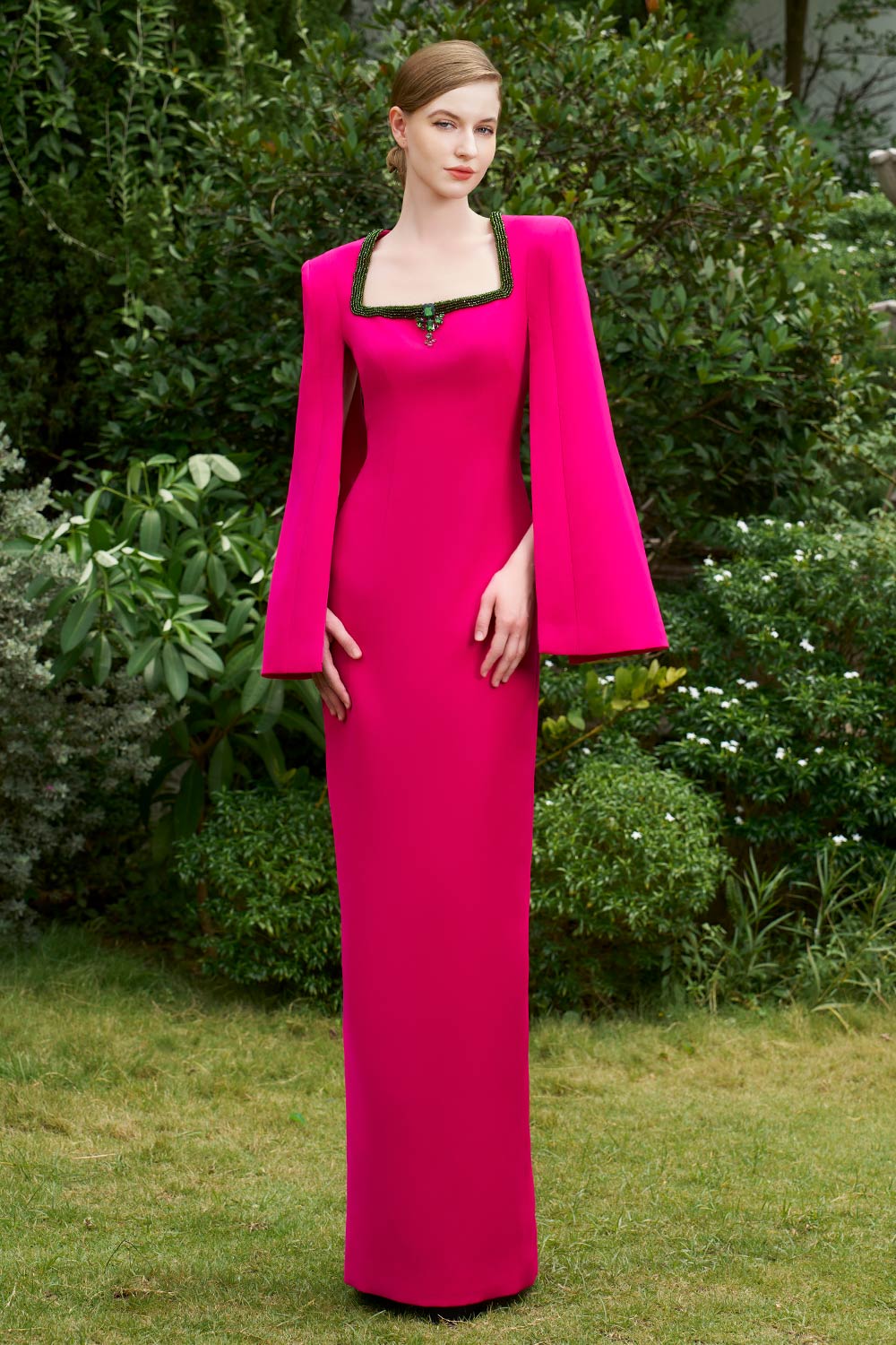 Nia Sheath Slit Sleeved Crepe Floor Length Dress