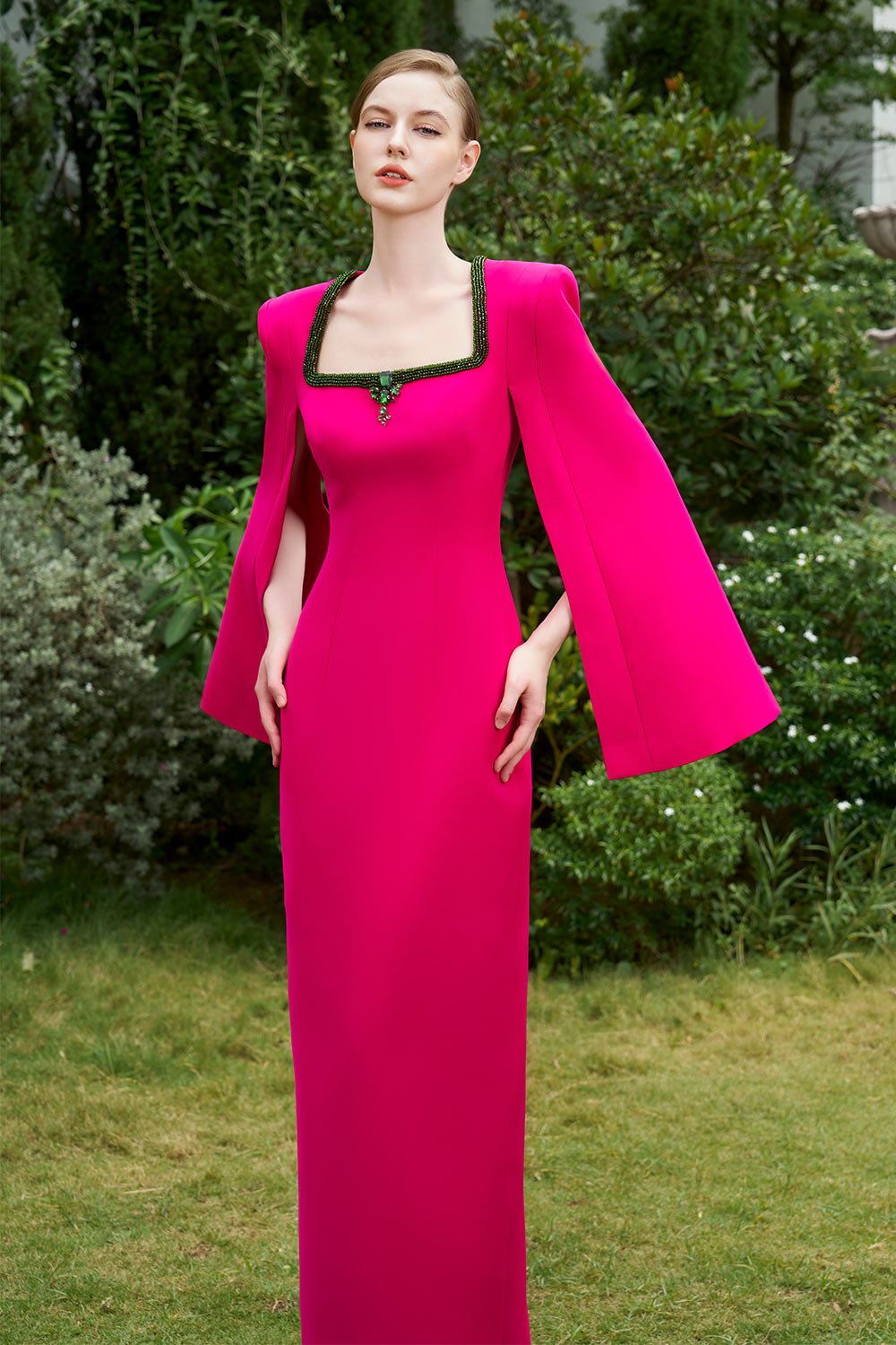 Nia Sheath Slit Sleeved Crepe Floor Length Dress