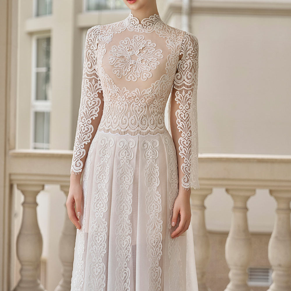 Rosie Pleated Slit Sleeved Mesh Lace Midi Dress