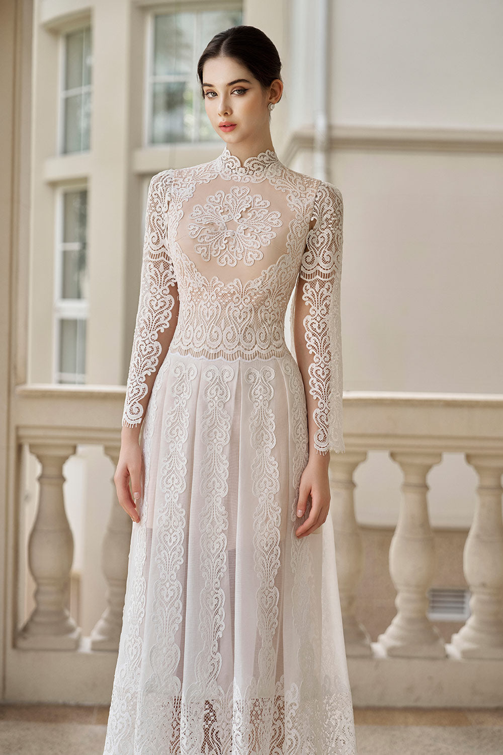 Rosie Pleated Slit Sleeved Mesh Lace Midi Dress - Customize / White / Mixed Lace Rosie Pleated Slit Sleeved Mesh Lace Midi Dress - Customize / White / Mixed Lace