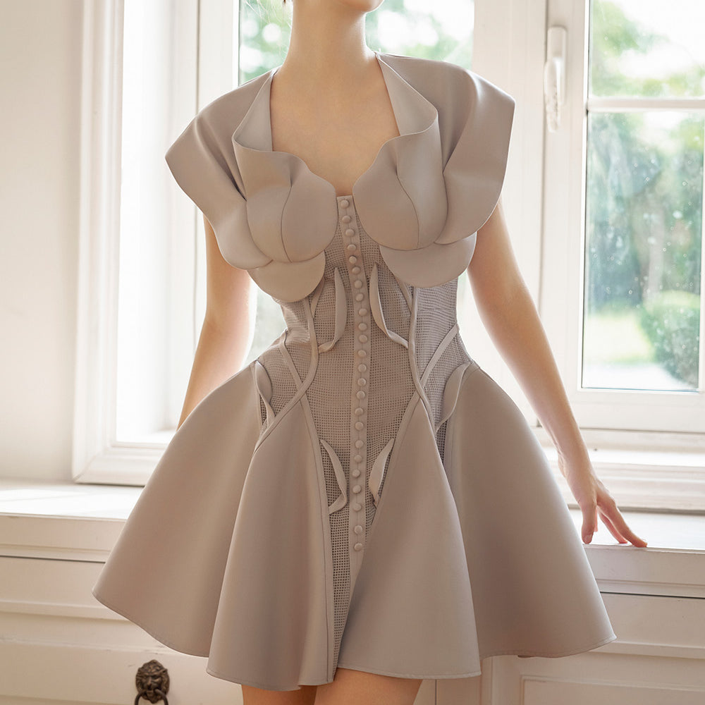 Maisie Fit and Flare Button Mesh Taffeta Mini Dress