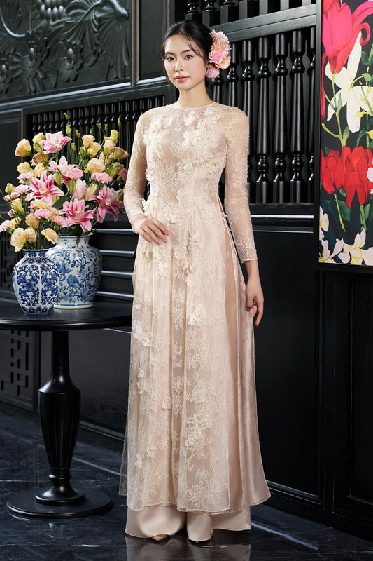 Kyla Sheath Flower Applique Silk Lace Ankle Length Ao Dai