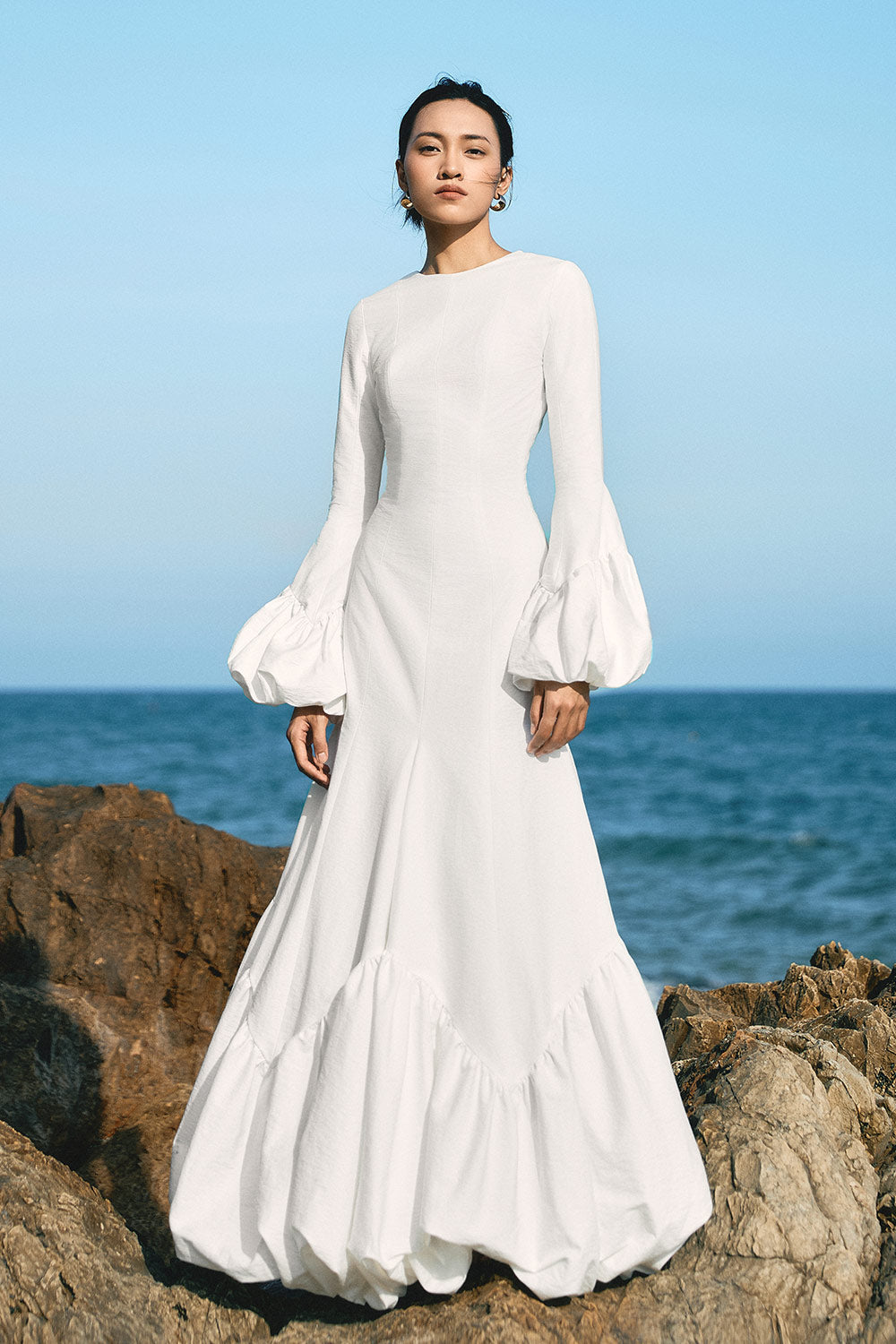 Clouds Mermaid Poet Sleeved Woven Cotton Maxi Dress White / S