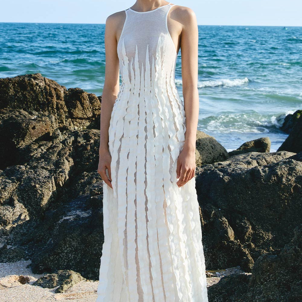 White Seaweed A-line Ruffled Woven Cotton Maxi Dress