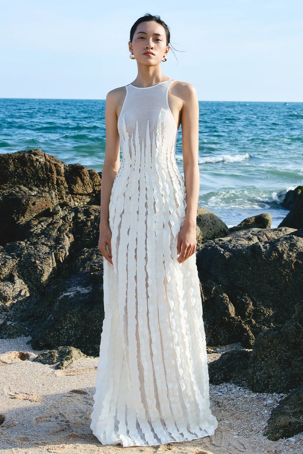 White Seaweed A-line Ruffled Woven Cotton Maxi Dress