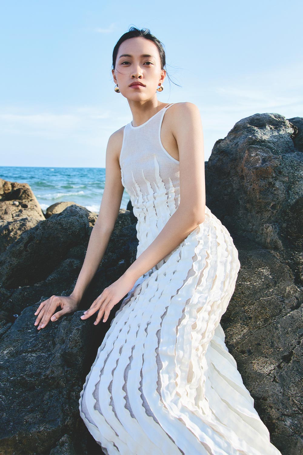 White Seaweed A-line Ruffled Woven Cotton Maxi Dress