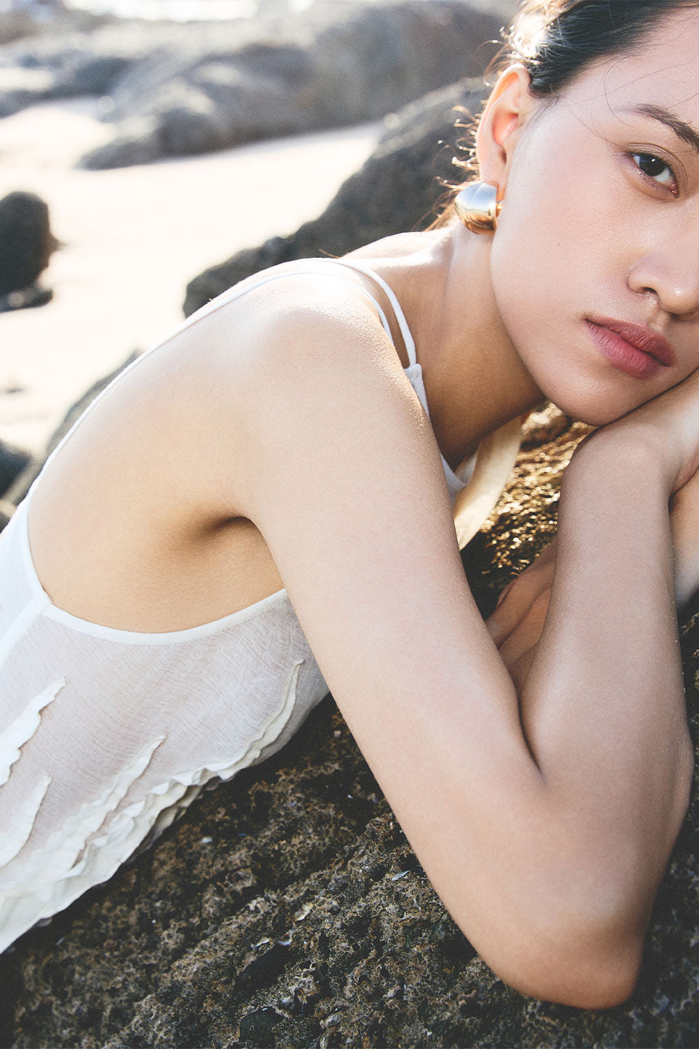 White Seaweed A-line Ruffled Woven Cotton Maxi Dress