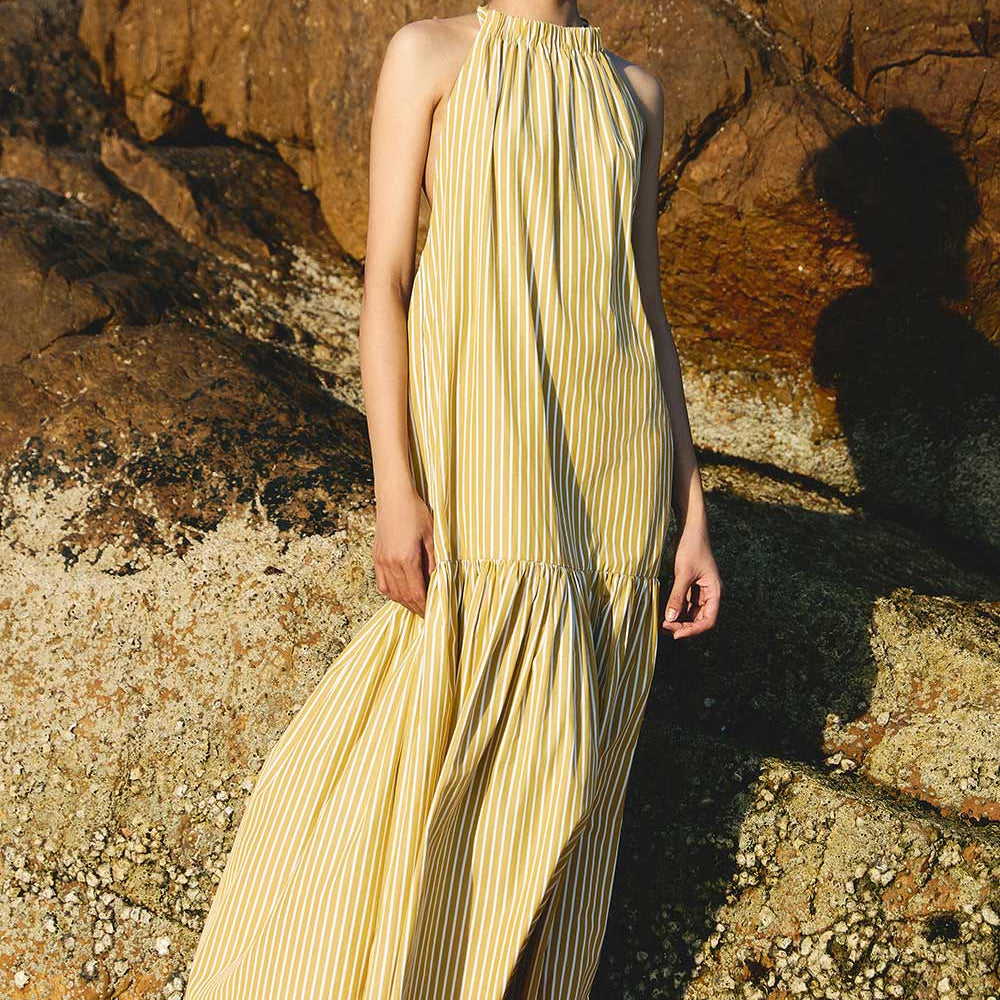 Yem Drop Waist Halter Neck Cotton Maxi Dress