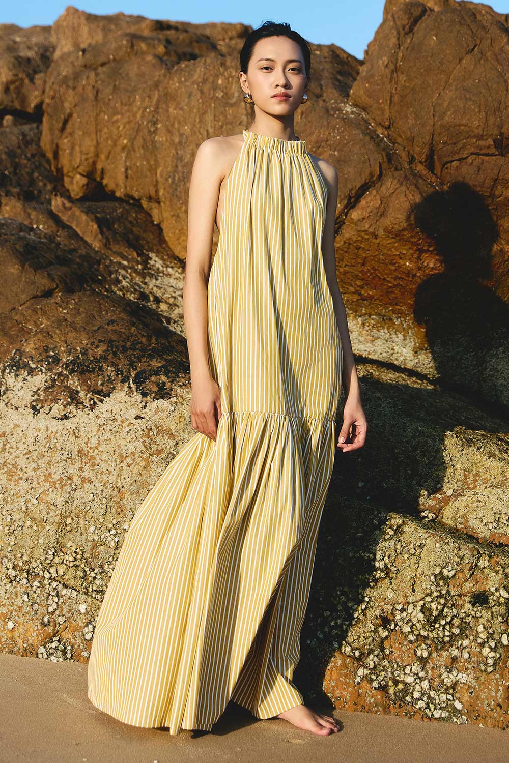 Women's Yem Drop Waist Halter Neck Woven Cotton Maxi Dress Freesize/Customize Mustard Yellow Striped Mean Blvd Customize / Mustard Yellow / Striped