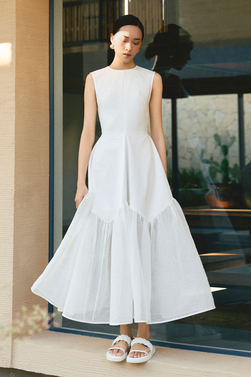 Black Clouds Drop Waist Sleeveless Woven Cotton Midi Dress