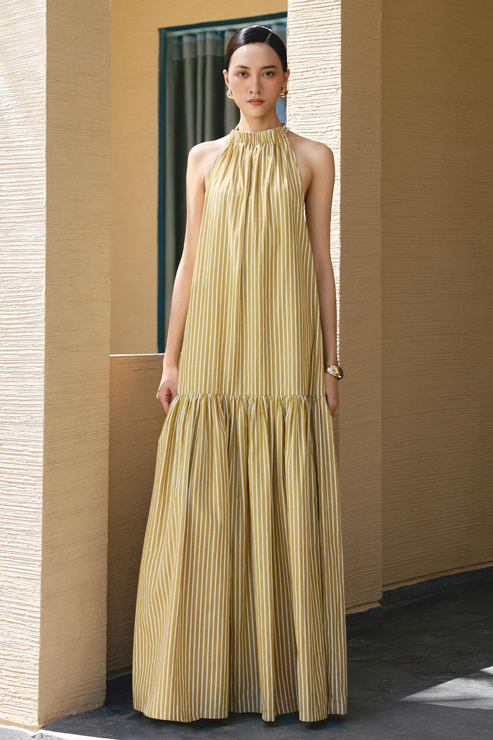 Yem Drop Waist Halter Neck Cotton Maxi Dress