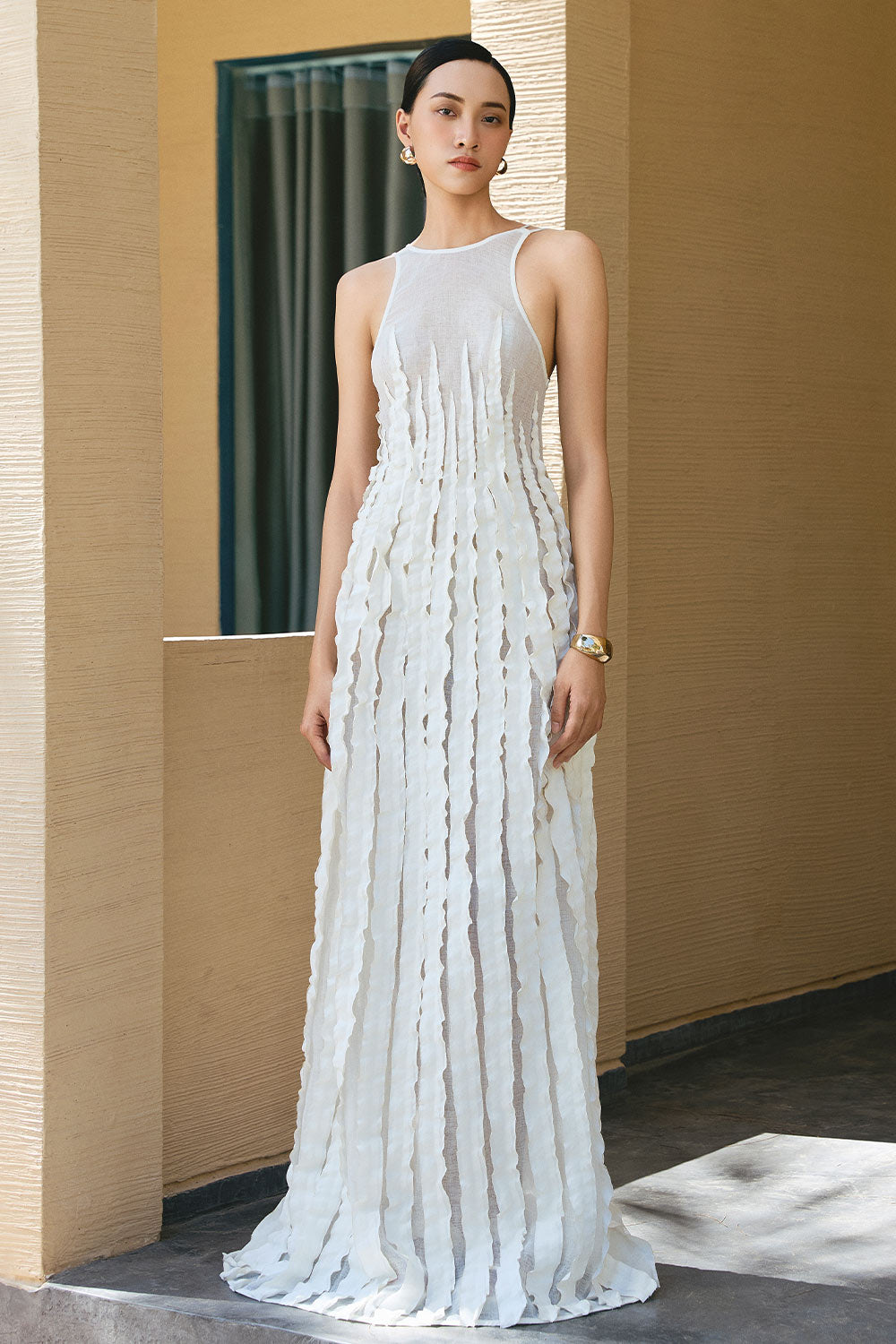 White Seaweed A-line Ruffled Woven Cotton Maxi Dress