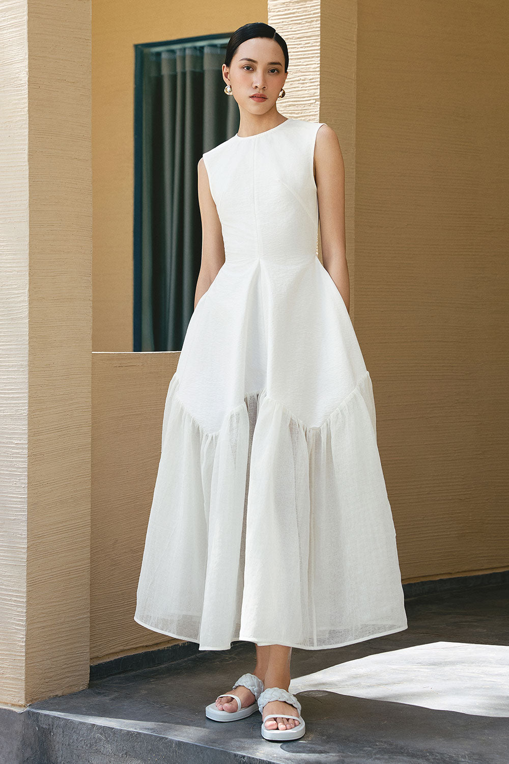 Black Clouds Drop Waist Sleeveless Woven Cotton Midi Dress